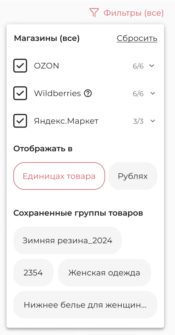 Доступ к сохраненным группам товаров